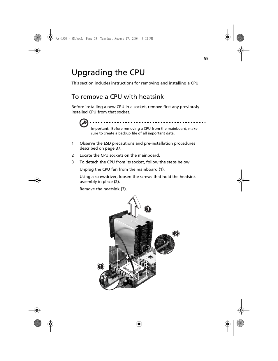 Upgrading the cpu, To remove a cpu with heatsink | Acer Altos G520 series User Manual | Page 65 / 186