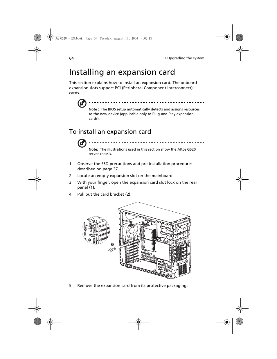 Installing an expansion card, To install an expansion card | Acer Altos G520 series User Manual | Page 74 / 186