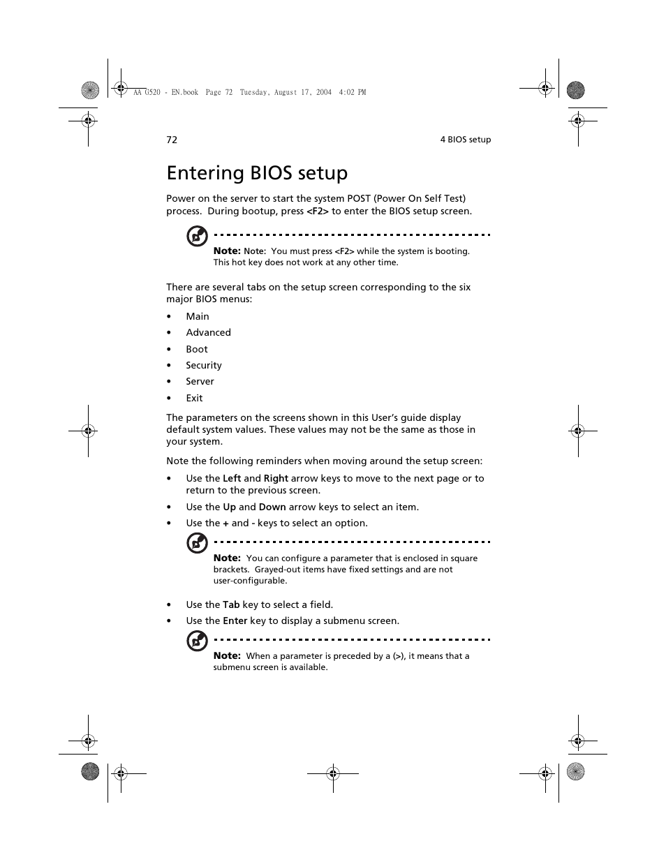 Entering bios setup | Acer Altos G520 series User Manual | Page 82 / 186