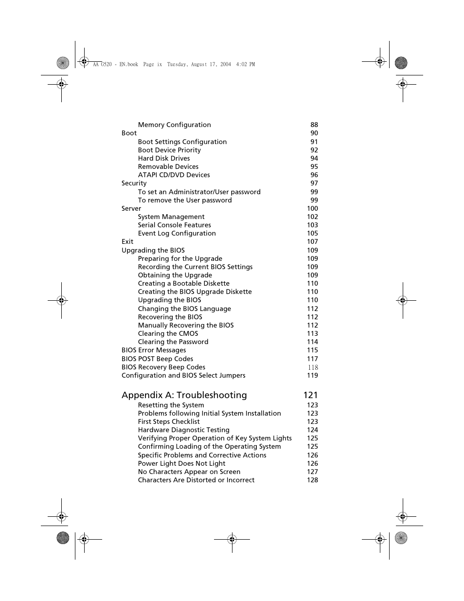 Appendix a: troubleshooting 121 | Acer Altos G520 series User Manual | Page 9 / 186