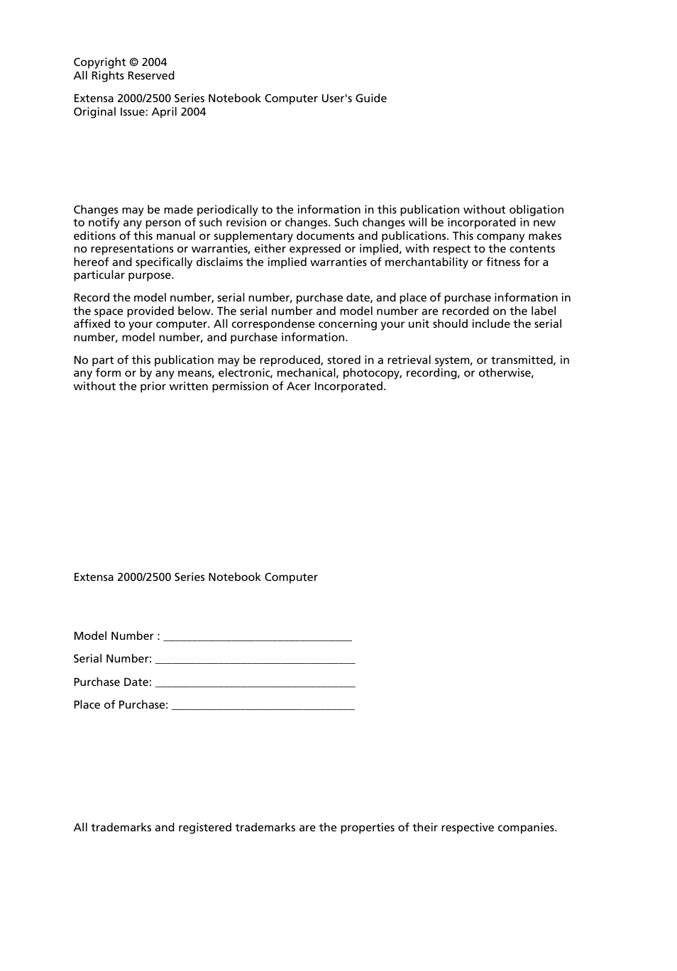 Acer 2500 Series User Manual | Page 2 / 98