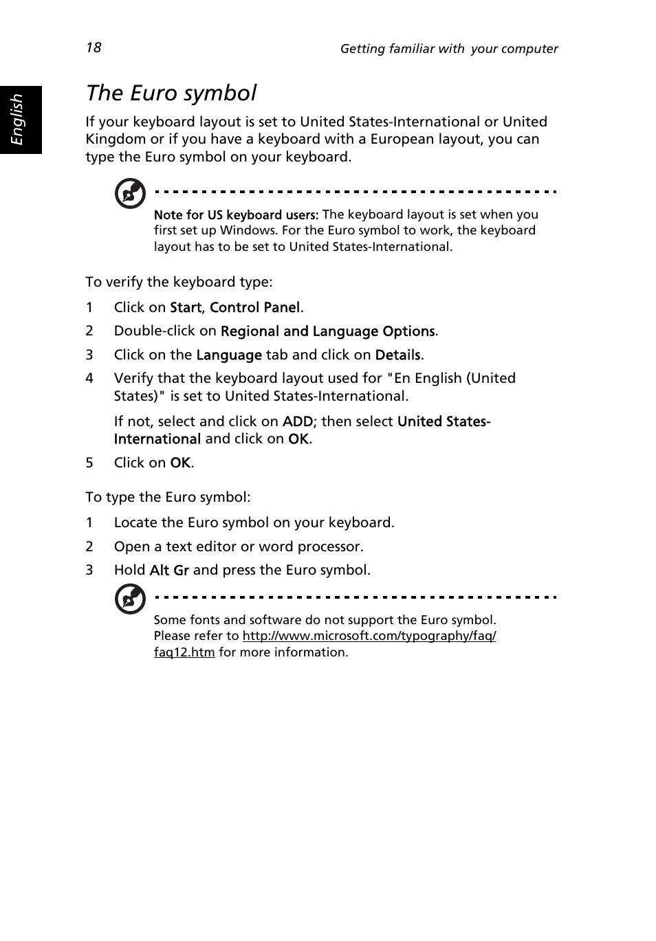 The euro symbol | Acer 2500 Series User Manual | Page 28 / 98