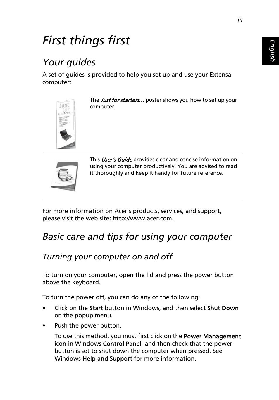First things first, Your guides, Basic care and tips for using your computer | Turning your computer on and off | Acer 2500 Series User Manual | Page 3 / 98
