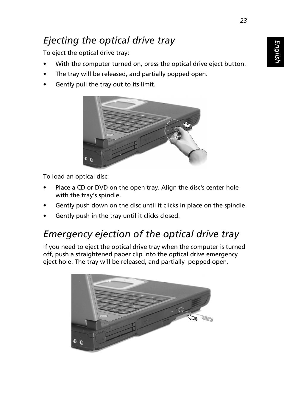 Ejecting the optical drive tray, Emergency ejection of the optical drive tray | Acer 2500 Series User Manual | Page 33 / 98