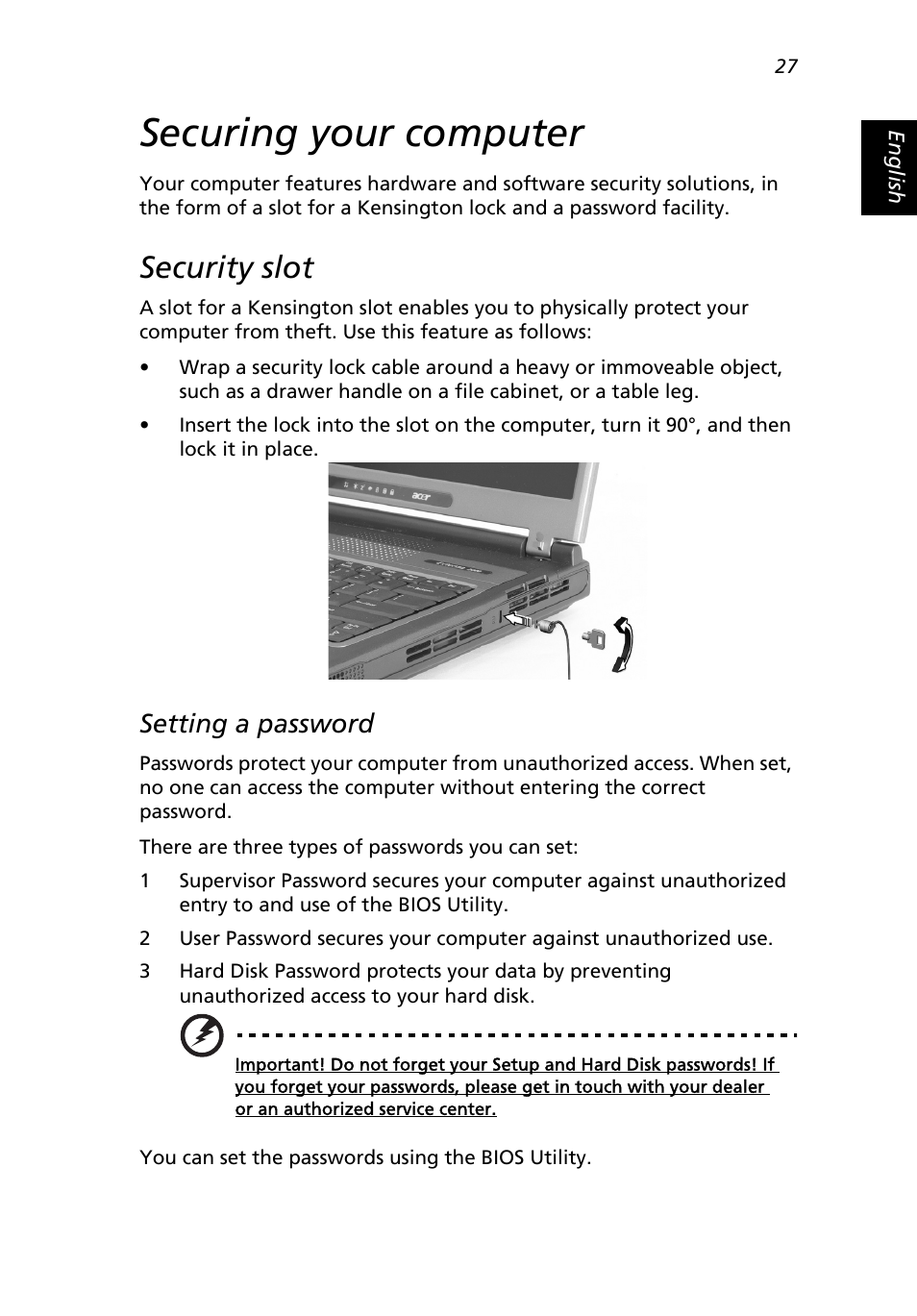 Securing your computer, Security slot, Setting a password | Acer 2500 Series User Manual | Page 37 / 98