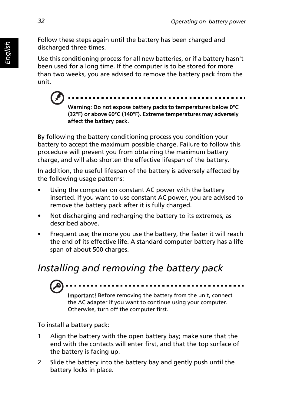 Installing and removing the battery pack | Acer 2500 Series User Manual | Page 42 / 98