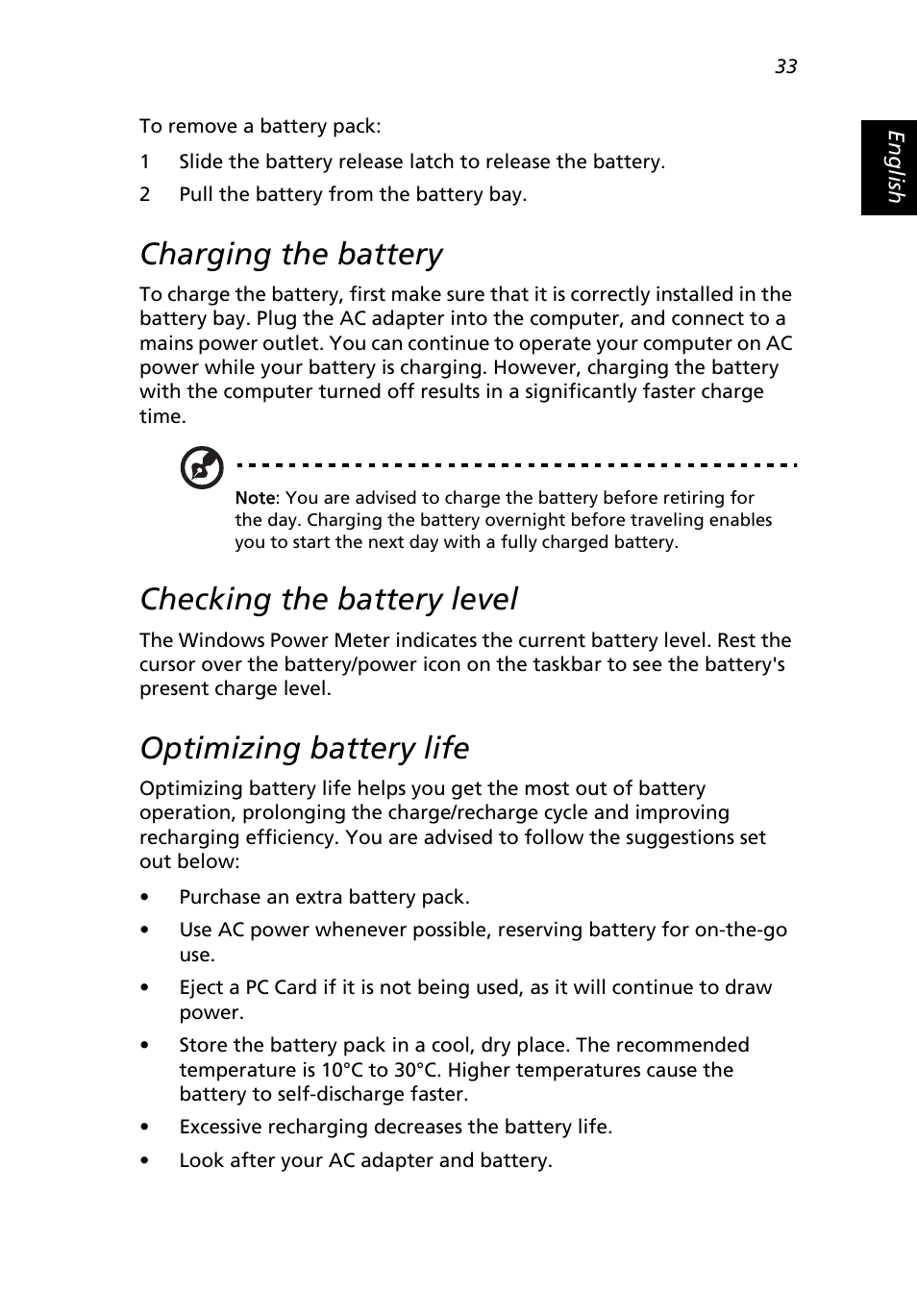 Charging the battery, Checking the battery level, Optimizing battery life | Acer 2500 Series User Manual | Page 43 / 98