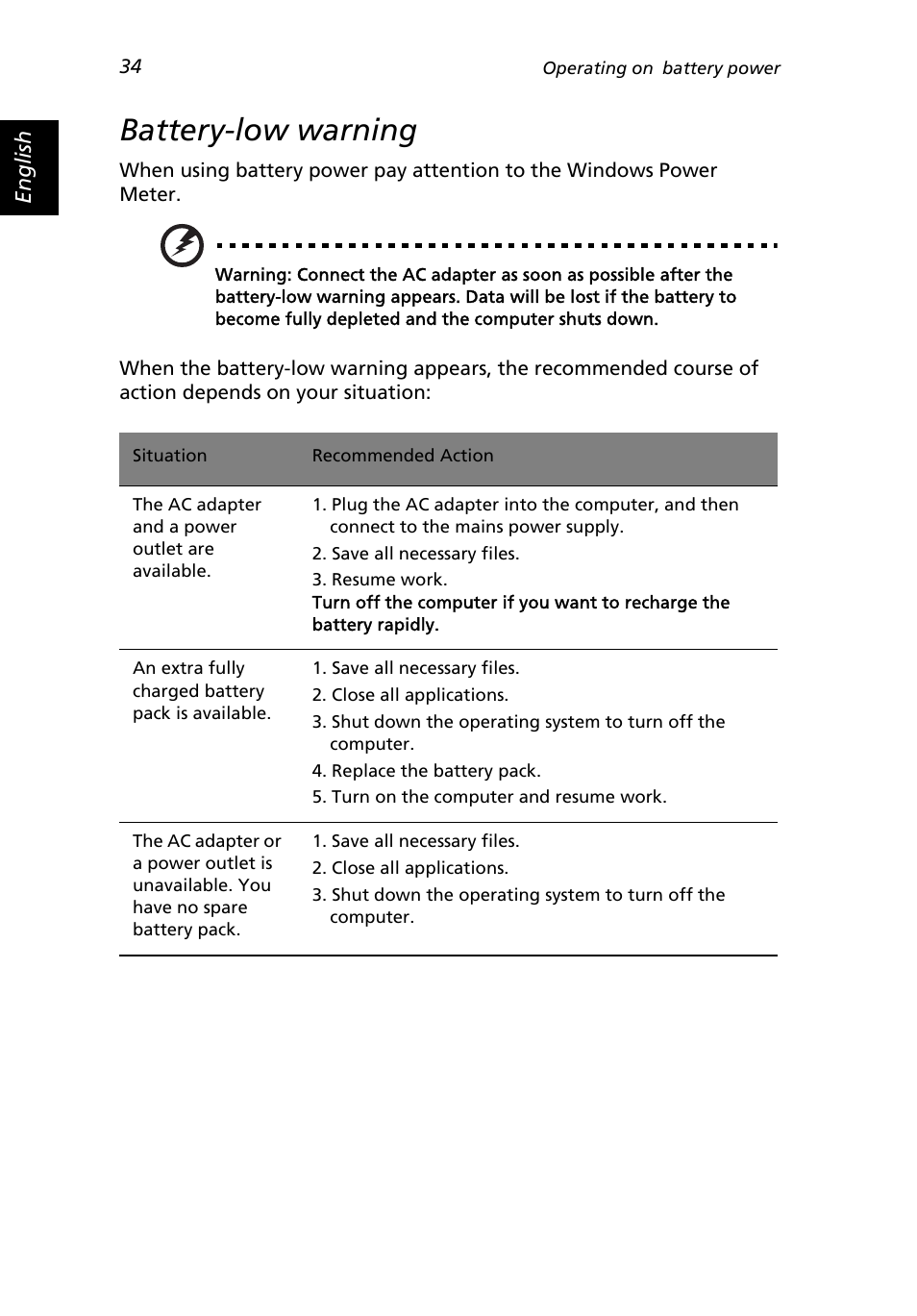 Battery-low warning | Acer 2500 Series User Manual | Page 44 / 98