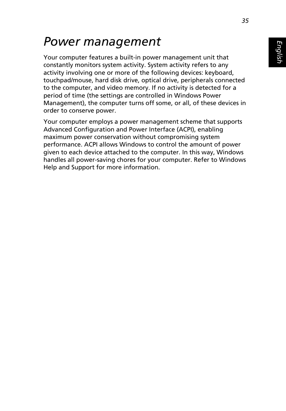 Power management | Acer 2500 Series User Manual | Page 45 / 98