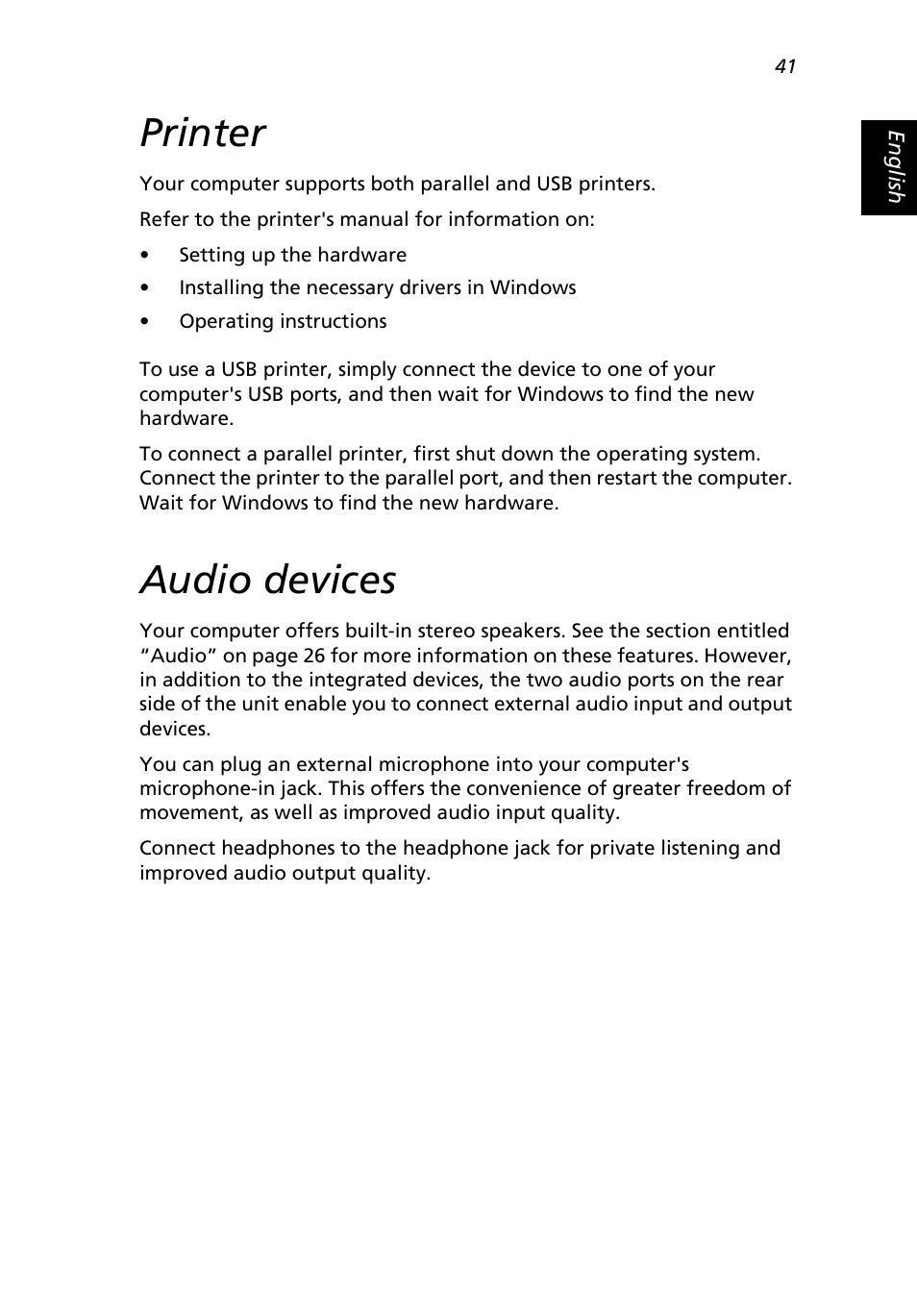 Printer, Audio devices | Acer 2500 Series User Manual | Page 51 / 98