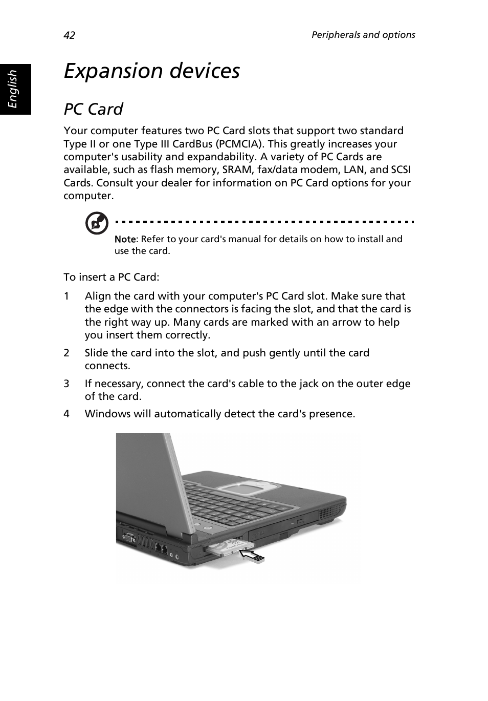 Expansion devices, Pc card | Acer 2500 Series User Manual | Page 52 / 98