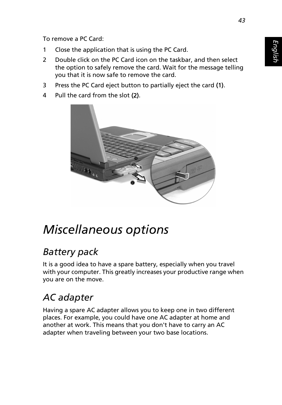 Miscellaneous options, Battery pack, Ac adapter | Acer 2500 Series User Manual | Page 53 / 98