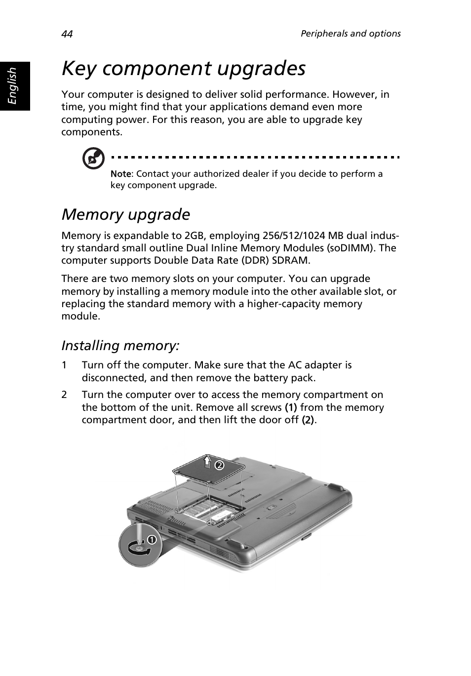 Key component upgrades, Memory upgrade | Acer 2500 Series User Manual | Page 54 / 98