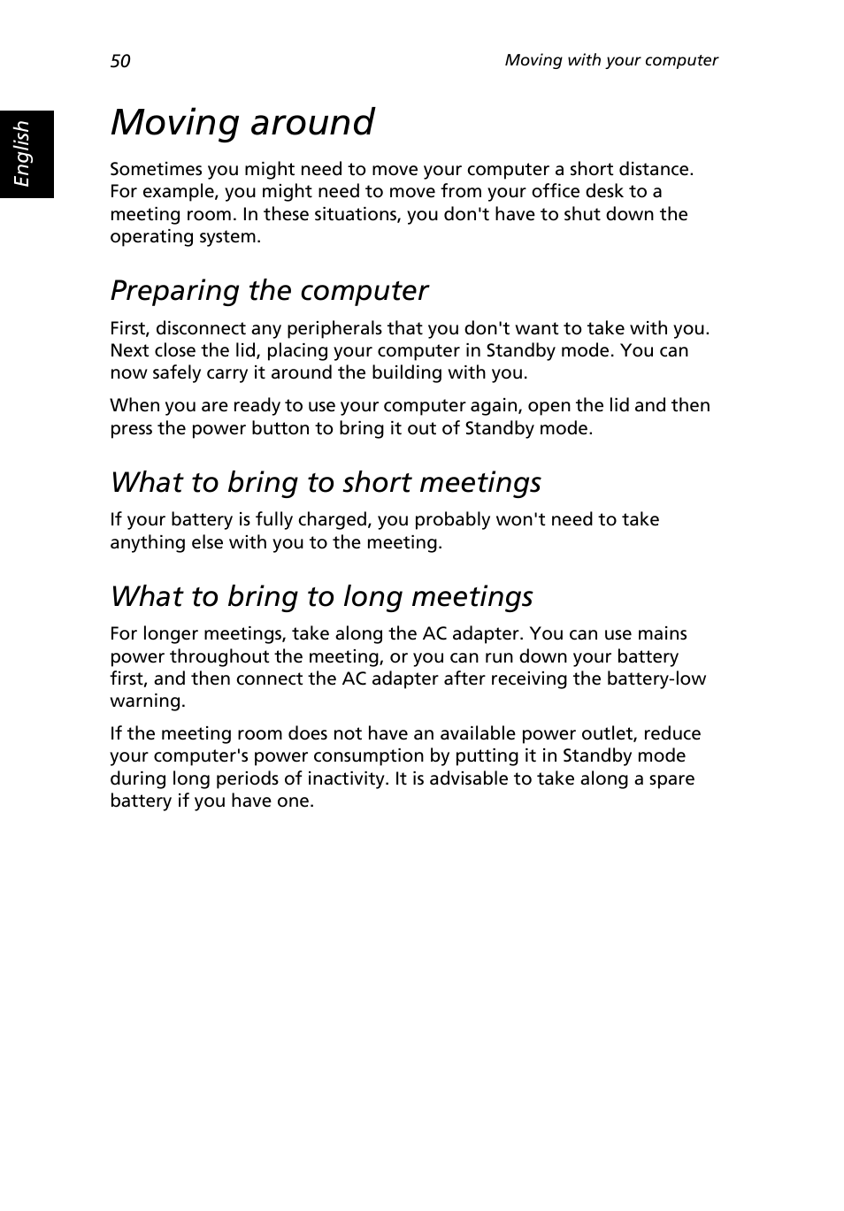 Moving around, Preparing the computer, What to bring to short meetings | What to bring to long meetings | Acer 2500 Series User Manual | Page 60 / 98