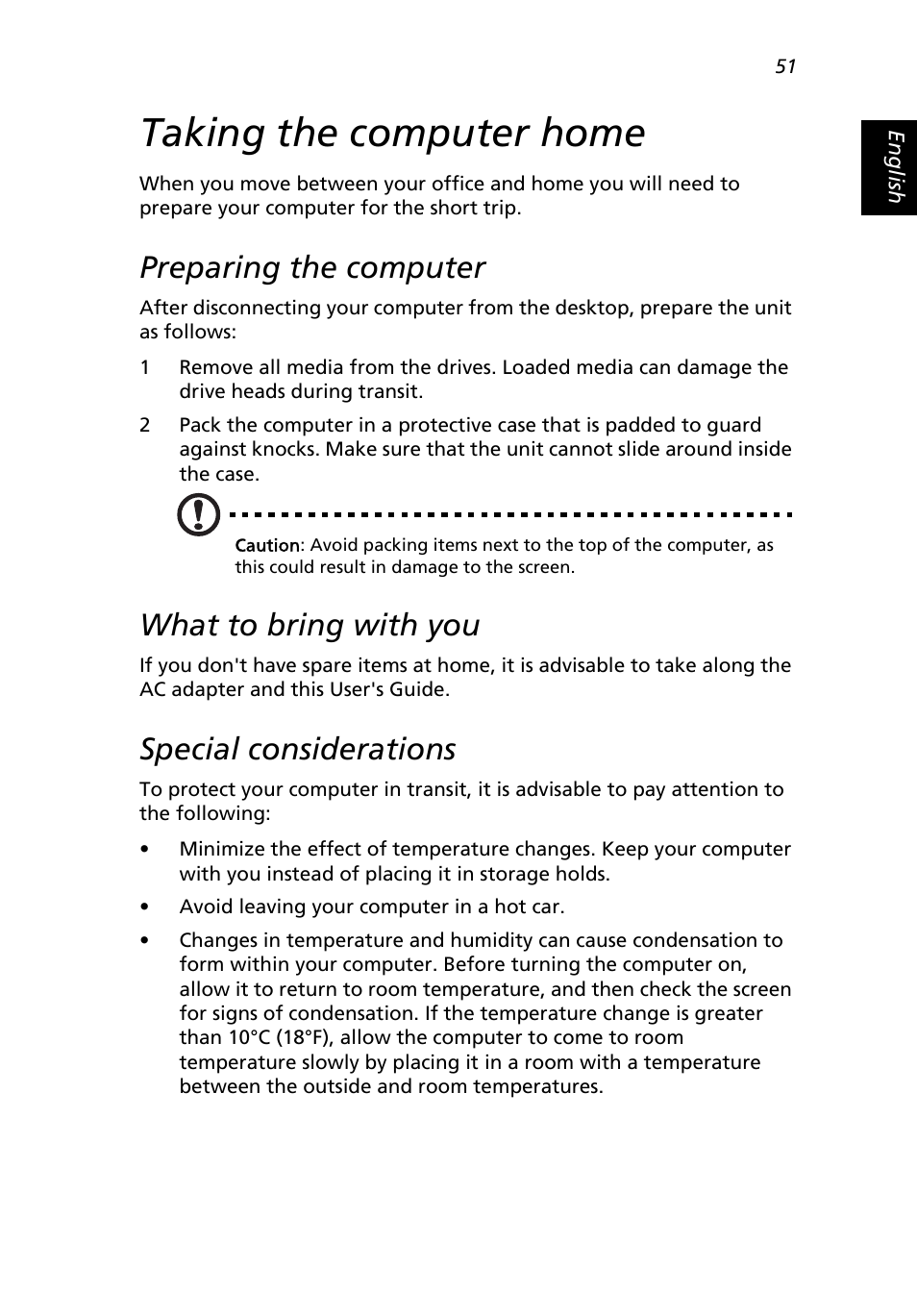 Taking the computer home, Preparing the computer, What to bring with you | Special considerations | Acer 2500 Series User Manual | Page 61 / 98