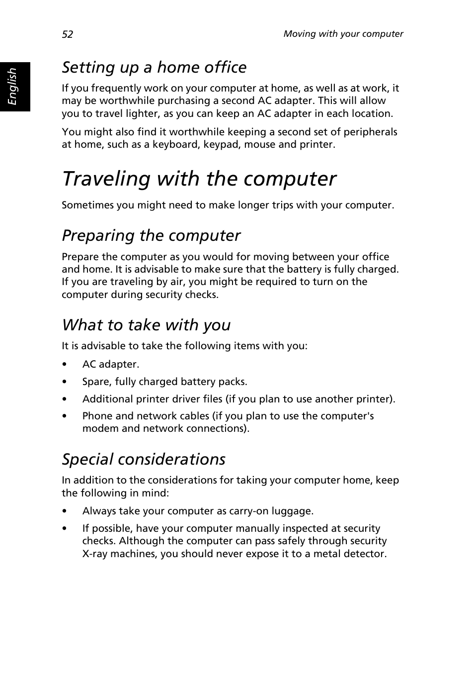 Setting up a home office, Traveling with the computer, Preparing the computer | What to take with you, Special considerations | Acer 2500 Series User Manual | Page 62 / 98