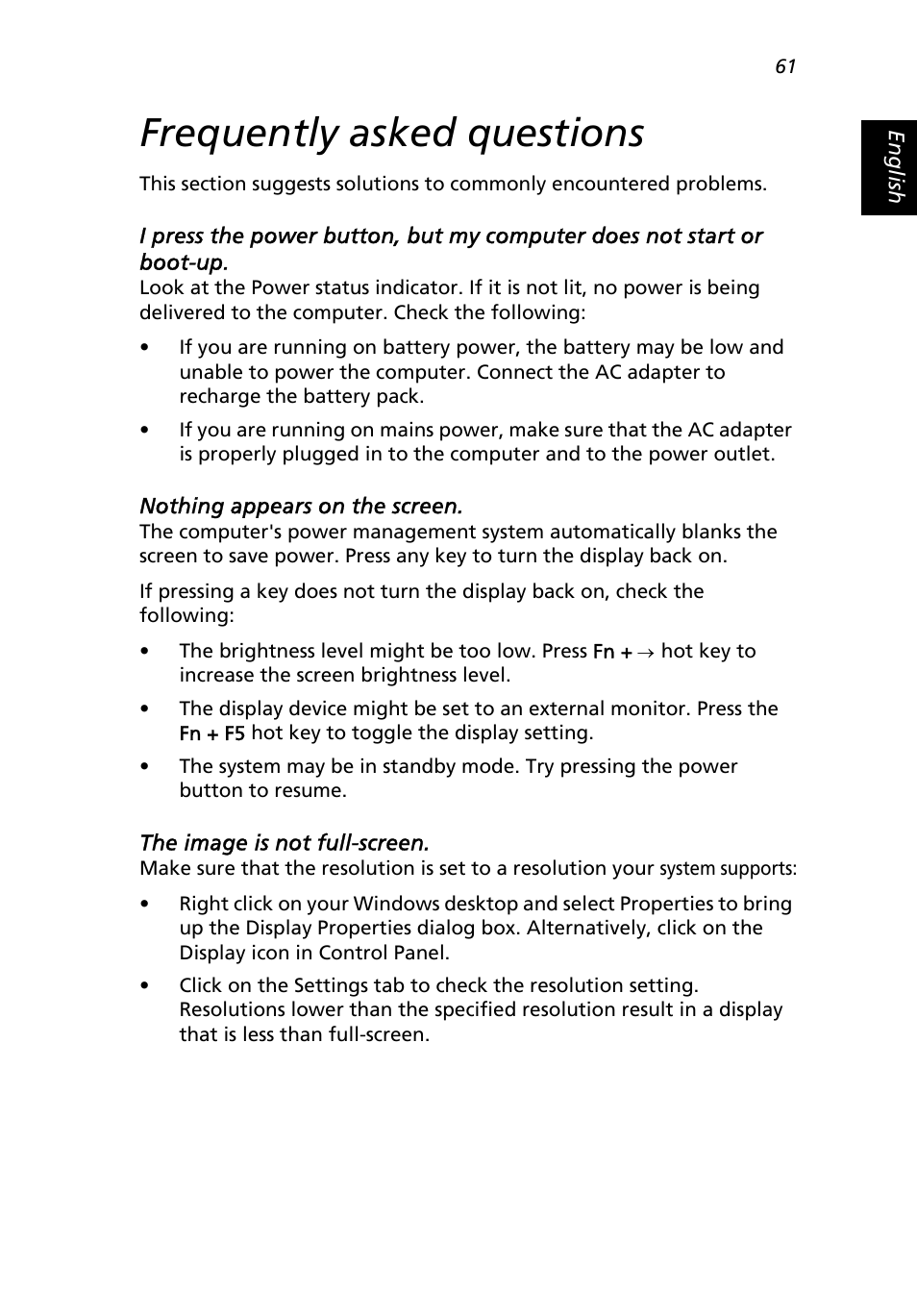 Frequently asked questions | Acer 2500 Series User Manual | Page 71 / 98