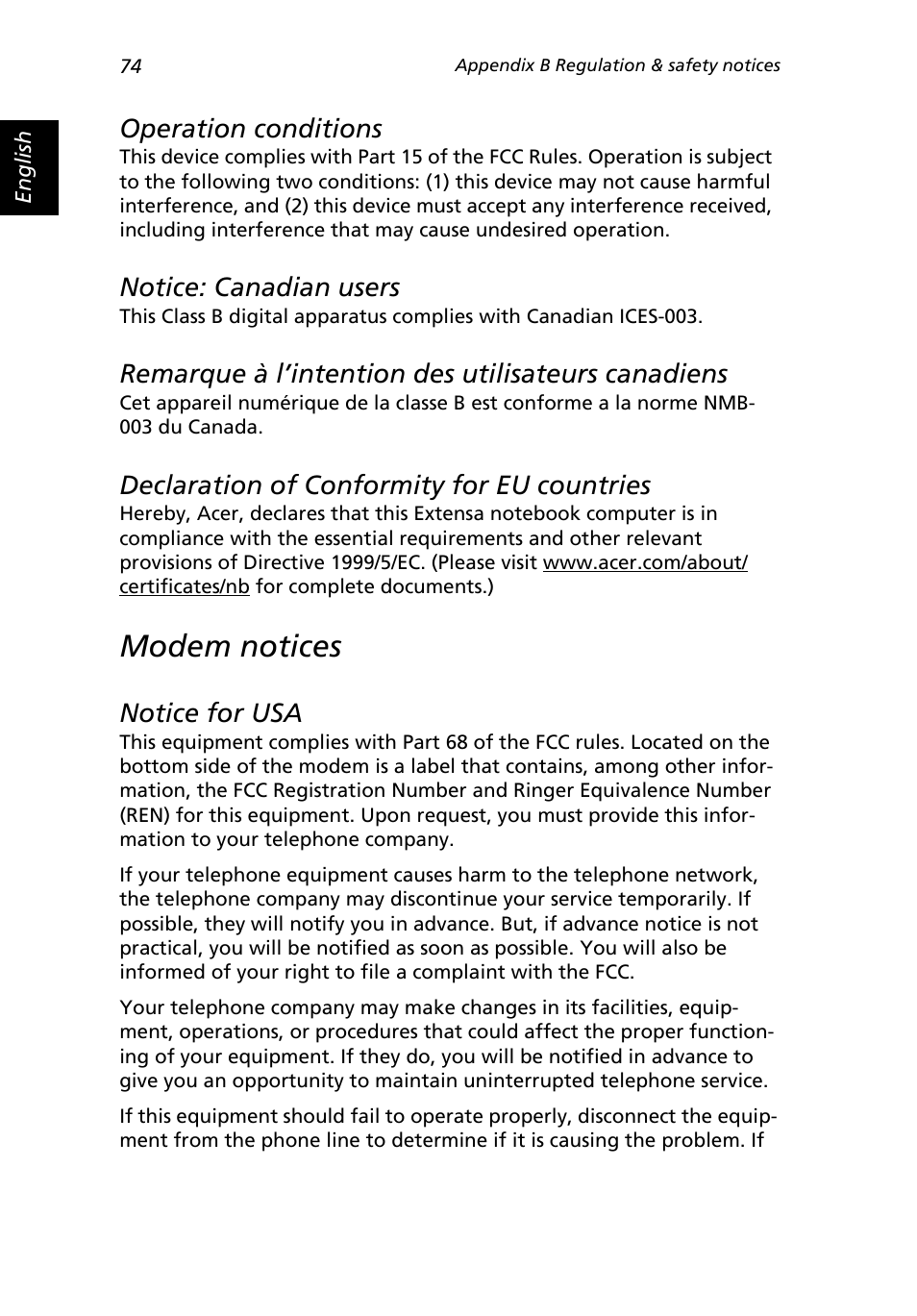 Modem notices, Operation conditions, Notice: canadian users | Remarque à l’intention des utilisateurs canadiens, Declaration of conformity for eu countries, Notice for usa | Acer 2500 Series User Manual | Page 84 / 98