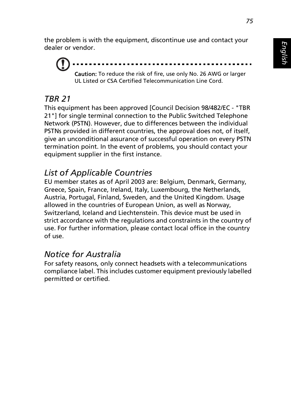 Tbr 21, List of applicable countries, Notice for australia | Acer 2500 Series User Manual | Page 85 / 98