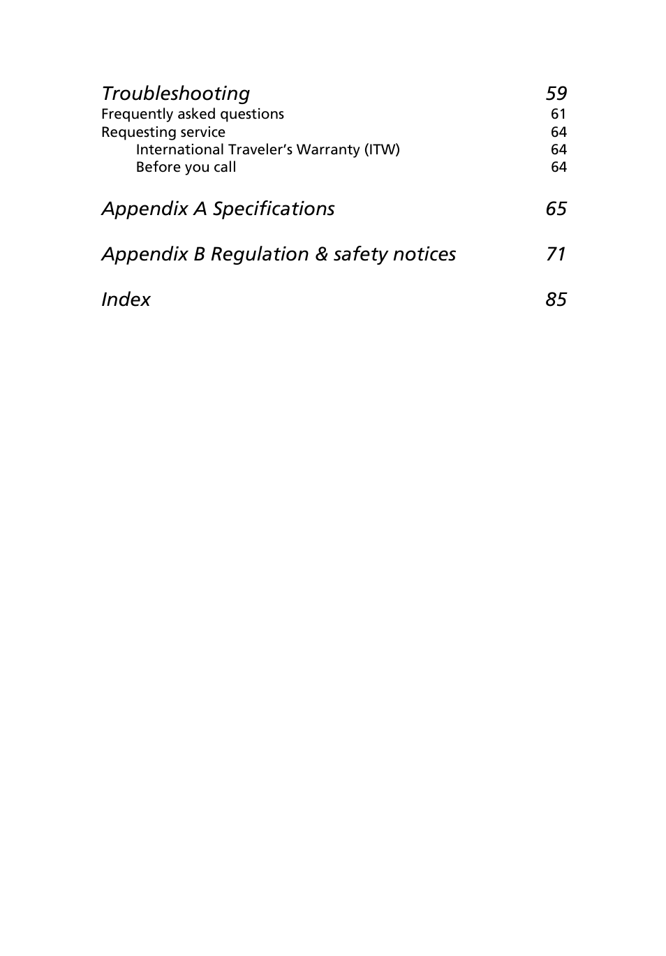 Troubleshooting 59 | Acer 2500 Series User Manual | Page 9 / 98