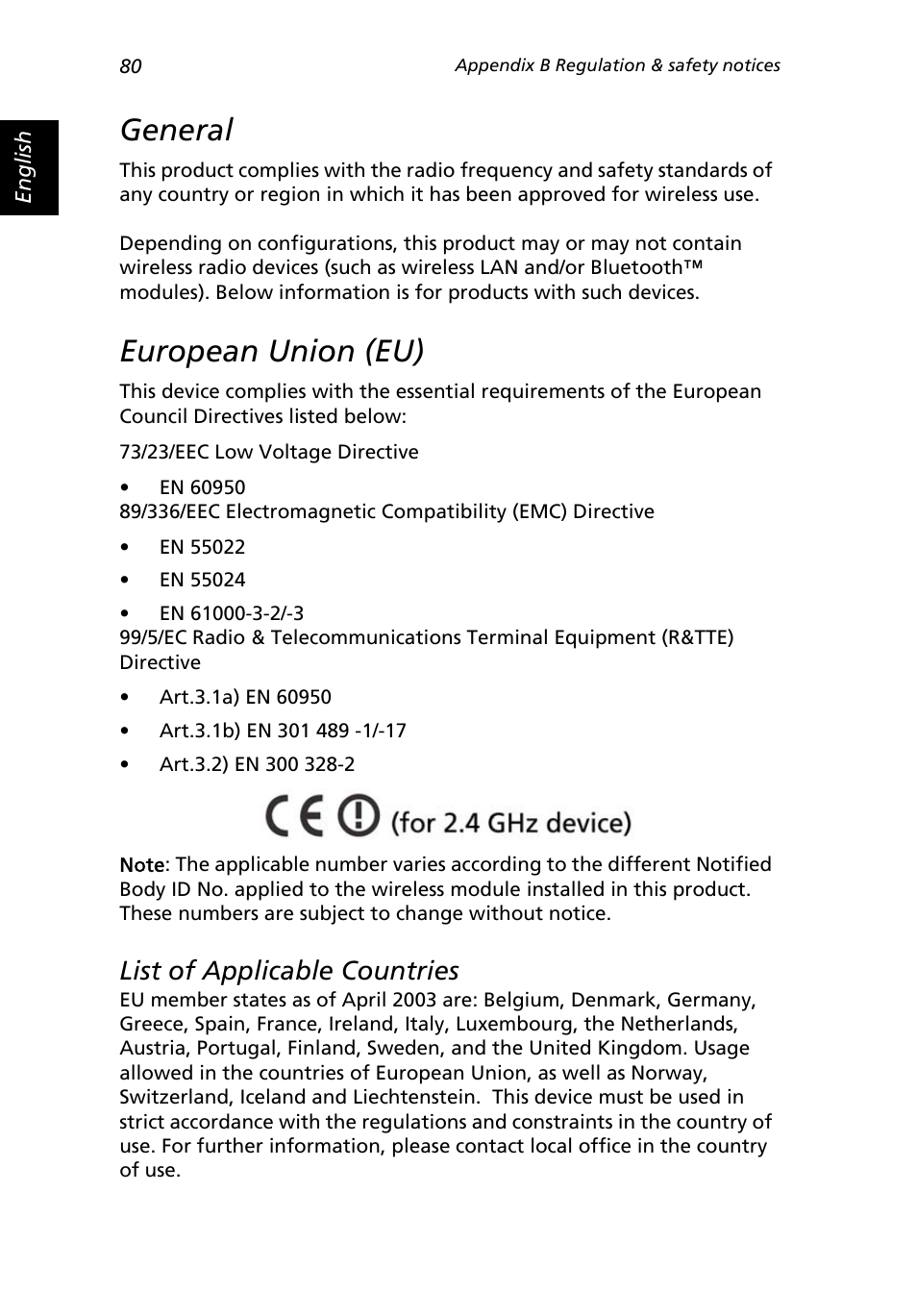 General, European union (eu), List of applicable countries | Acer 2500 Series User Manual | Page 90 / 98