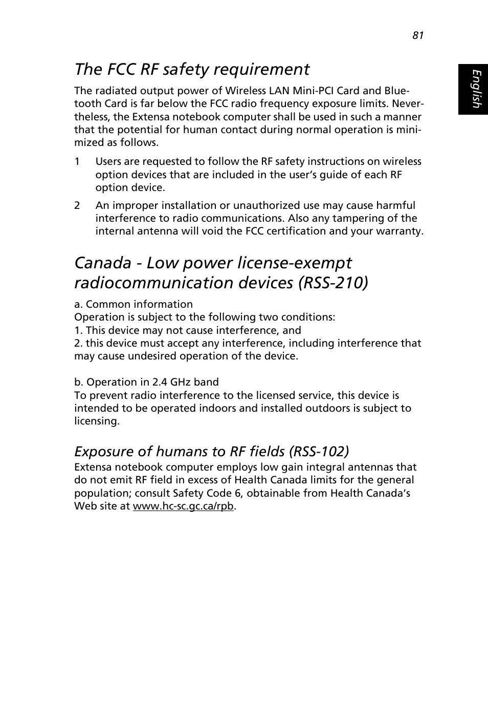 The fcc rf safety requirement, Exposure of humans to rf fields (rss-102) | Acer 2500 Series User Manual | Page 91 / 98
