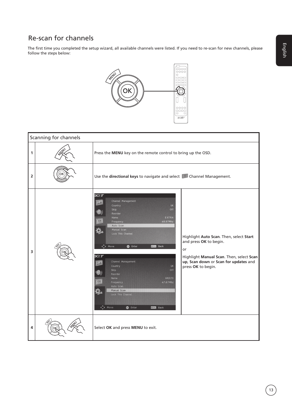 Re-scan for channels | Acer AT4222B User Manual | Page 13 / 17