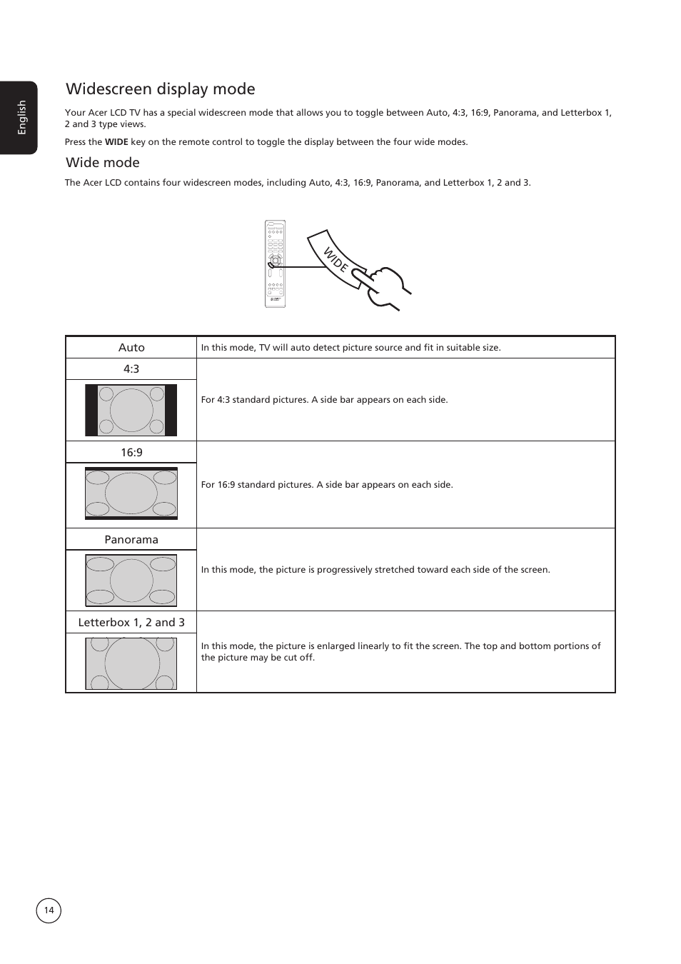 Widescreen display mode, Wide mode | Acer AT4222B User Manual | Page 14 / 17