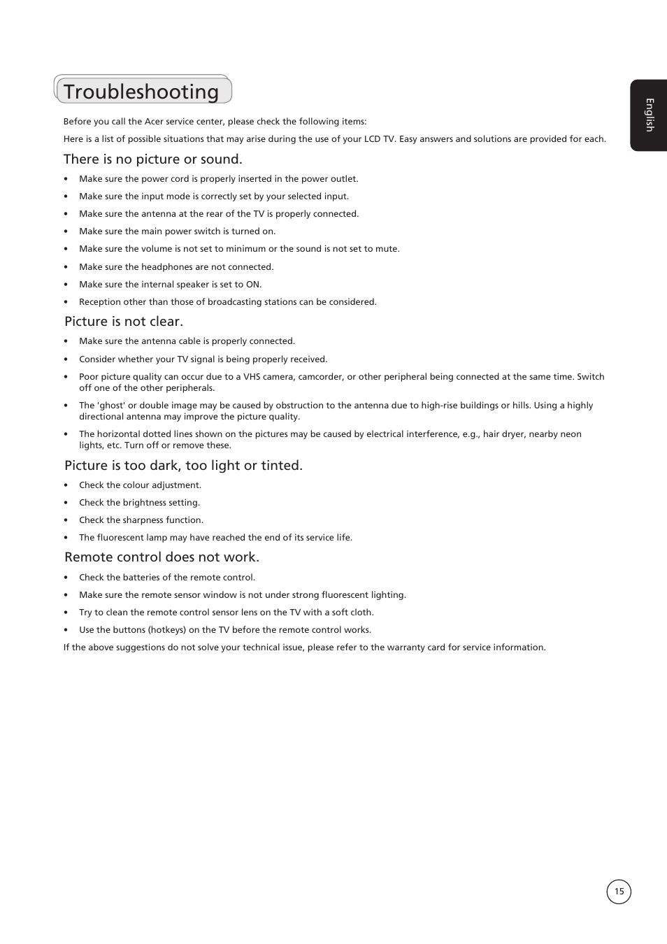 Troubleshooting, There is no picture or sound, Picture is not clear | Picture is too dark, too light or tinted, Remote control does not work | Acer AT4222B User Manual | Page 15 / 17