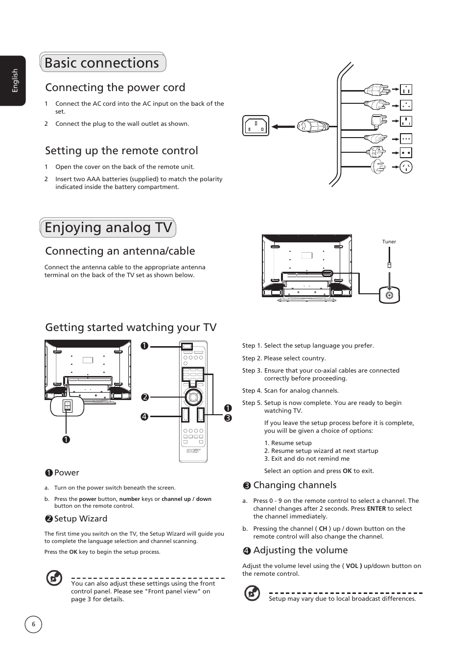 Basic connections, Enjoying analog tv, Connecting the power cord | Setting up the remote control, Getting started watching your tv, Connecting an antenna/cable, Changing channels, Adjusting the volume | Acer AT4222B User Manual | Page 6 / 17