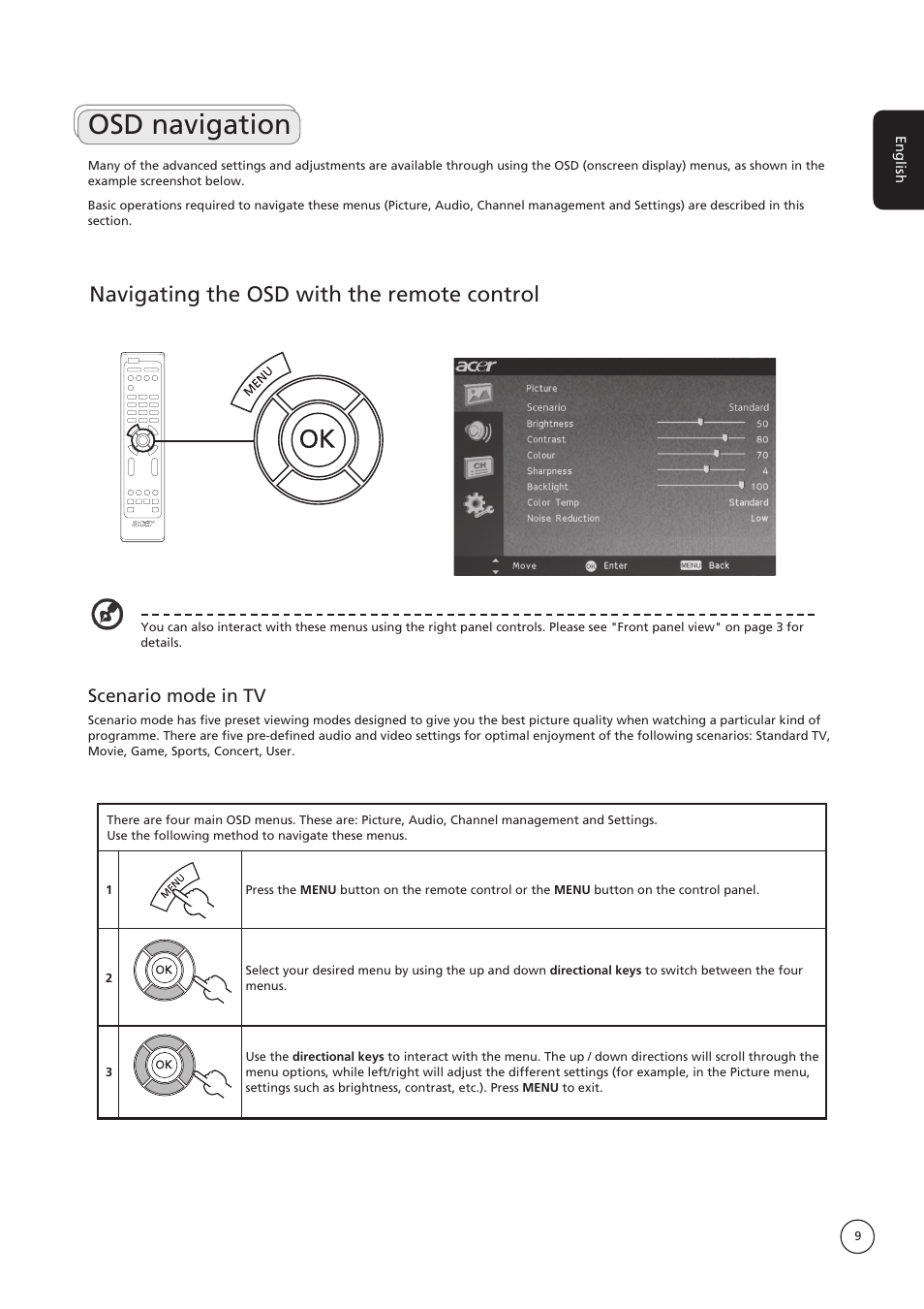 Osd navigation, Navigating the osd with the remote control, Scenario mode in tv | Acer AT4222B User Manual | Page 9 / 17