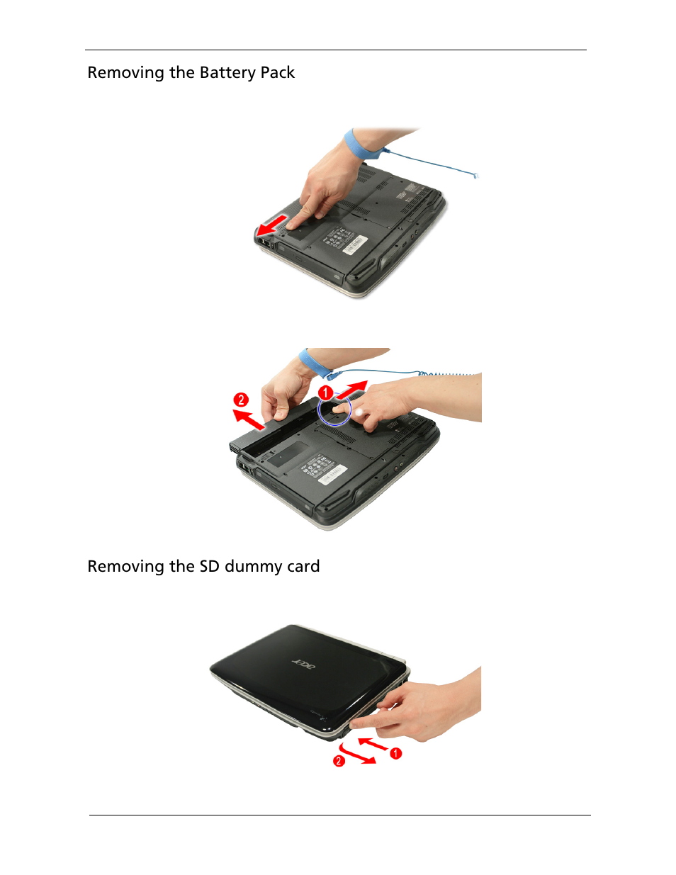 Removing the battery pack, Removing the sd dummy card | Acer 2920 User Manual | Page 66 / 170