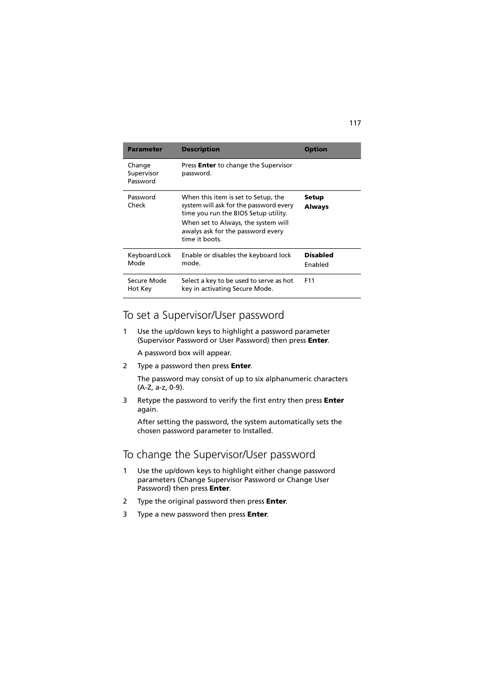 To set a supervisor/user password, To change the supervisor/user password | Acer Altos G710 User Manual | Page 127 / 198