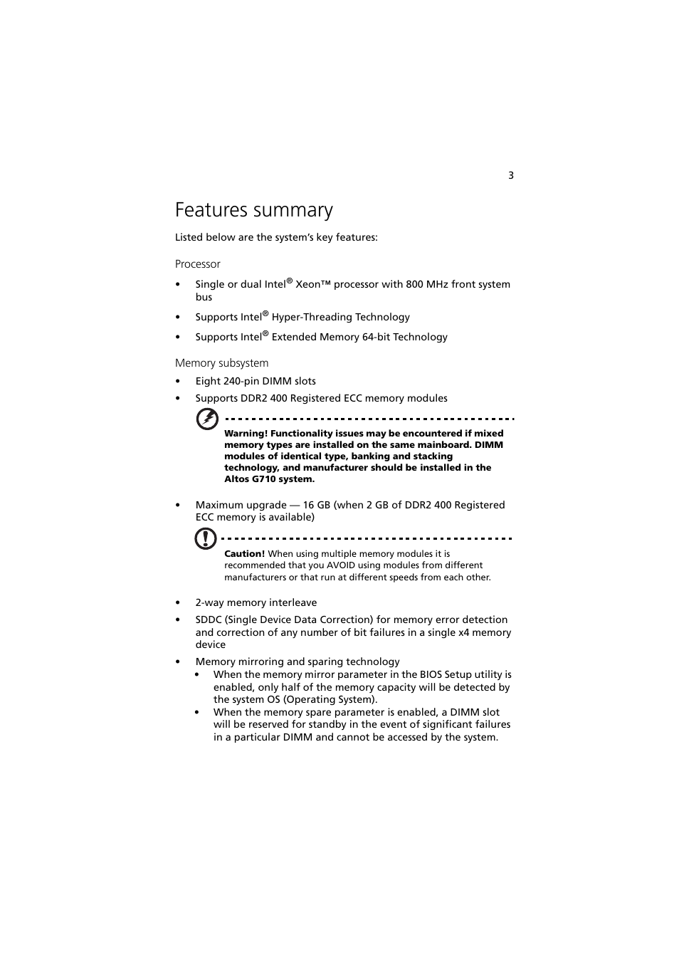 Features summary | Acer Altos G710 User Manual | Page 13 / 198