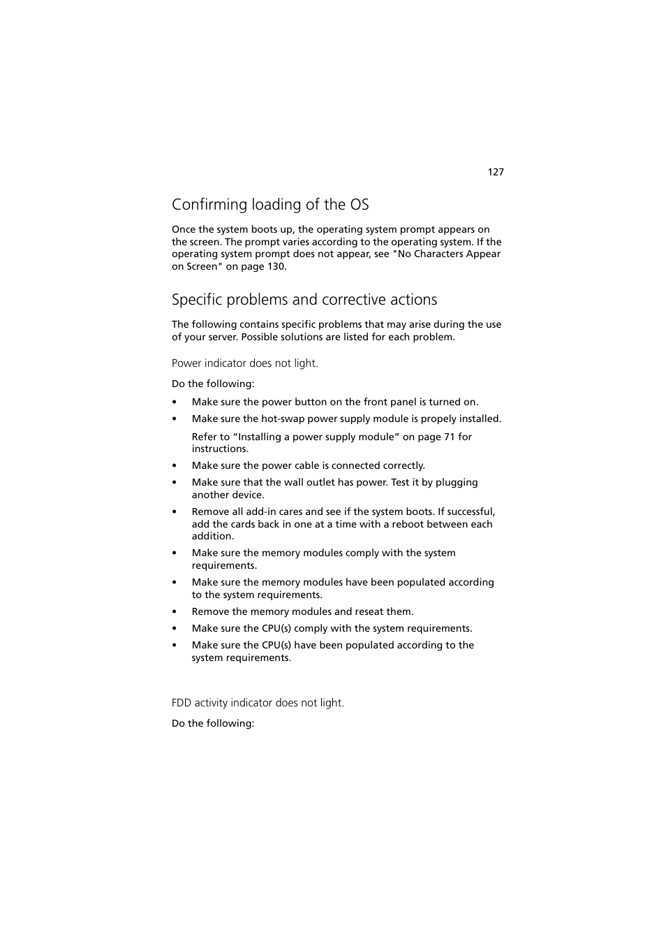 Confirming loading of the os, Specific problems and corrective actions | Acer Altos G710 User Manual | Page 137 / 198