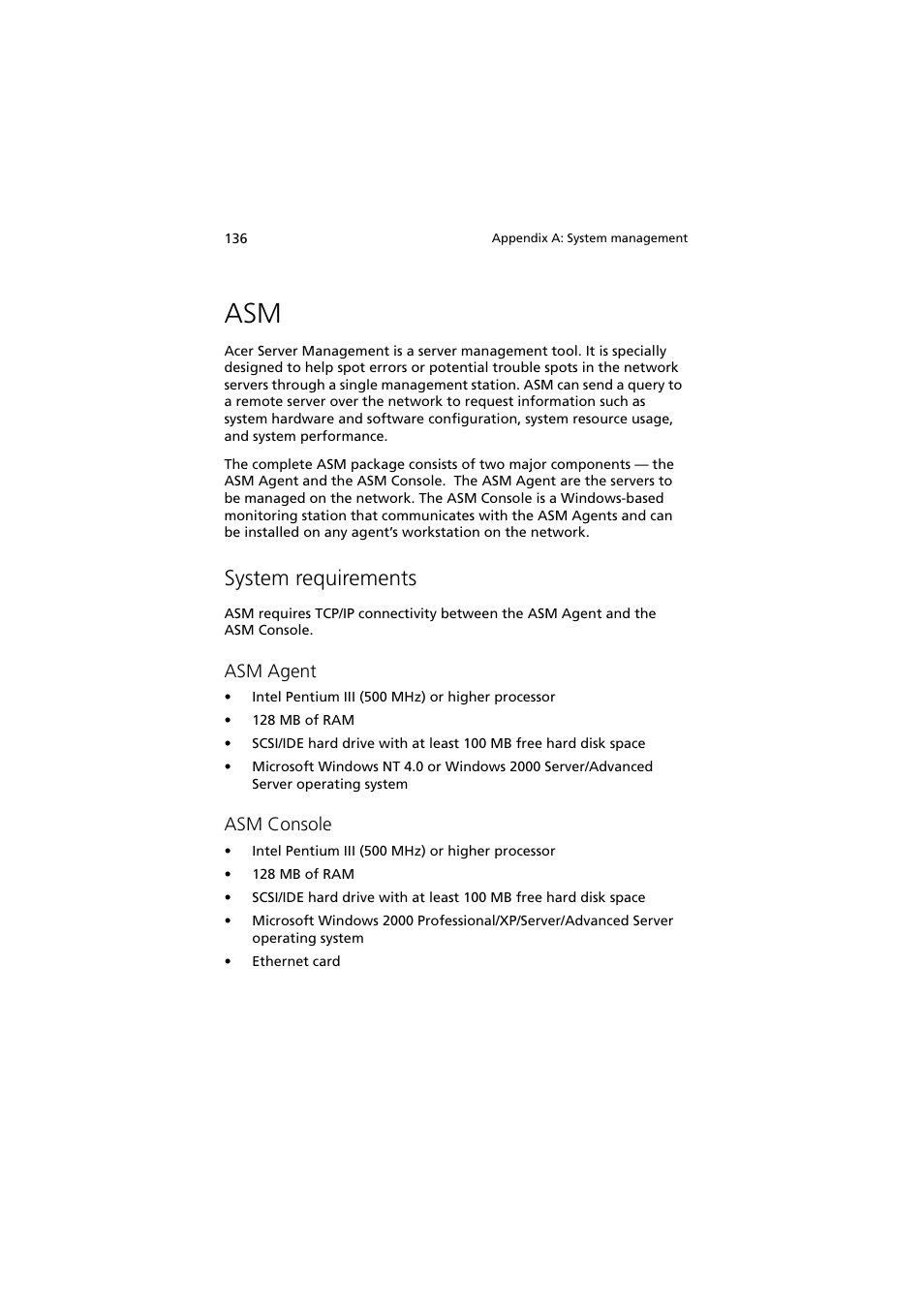 System requirements, Asm agent, Asm console | Acer Altos G710 User Manual | Page 146 / 198