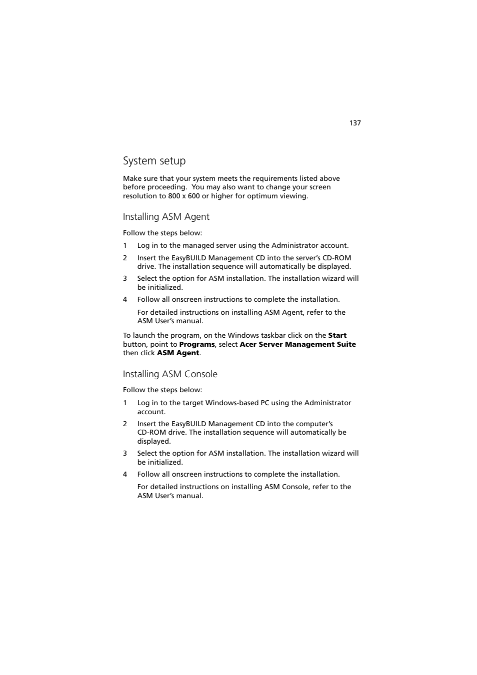 System setup, Installing asm agent, Installing asm console | Acer Altos G710 User Manual | Page 147 / 198