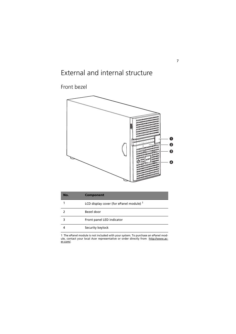 External and internal structure, Front bezel | Acer Altos G710 User Manual | Page 17 / 198