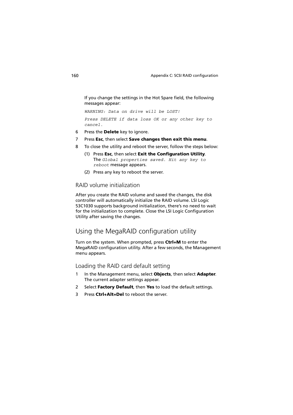 Using the megaraid configuration utility, Raid volume initialization, Loading the raid card default setting | Acer Altos G710 User Manual | Page 170 / 198
