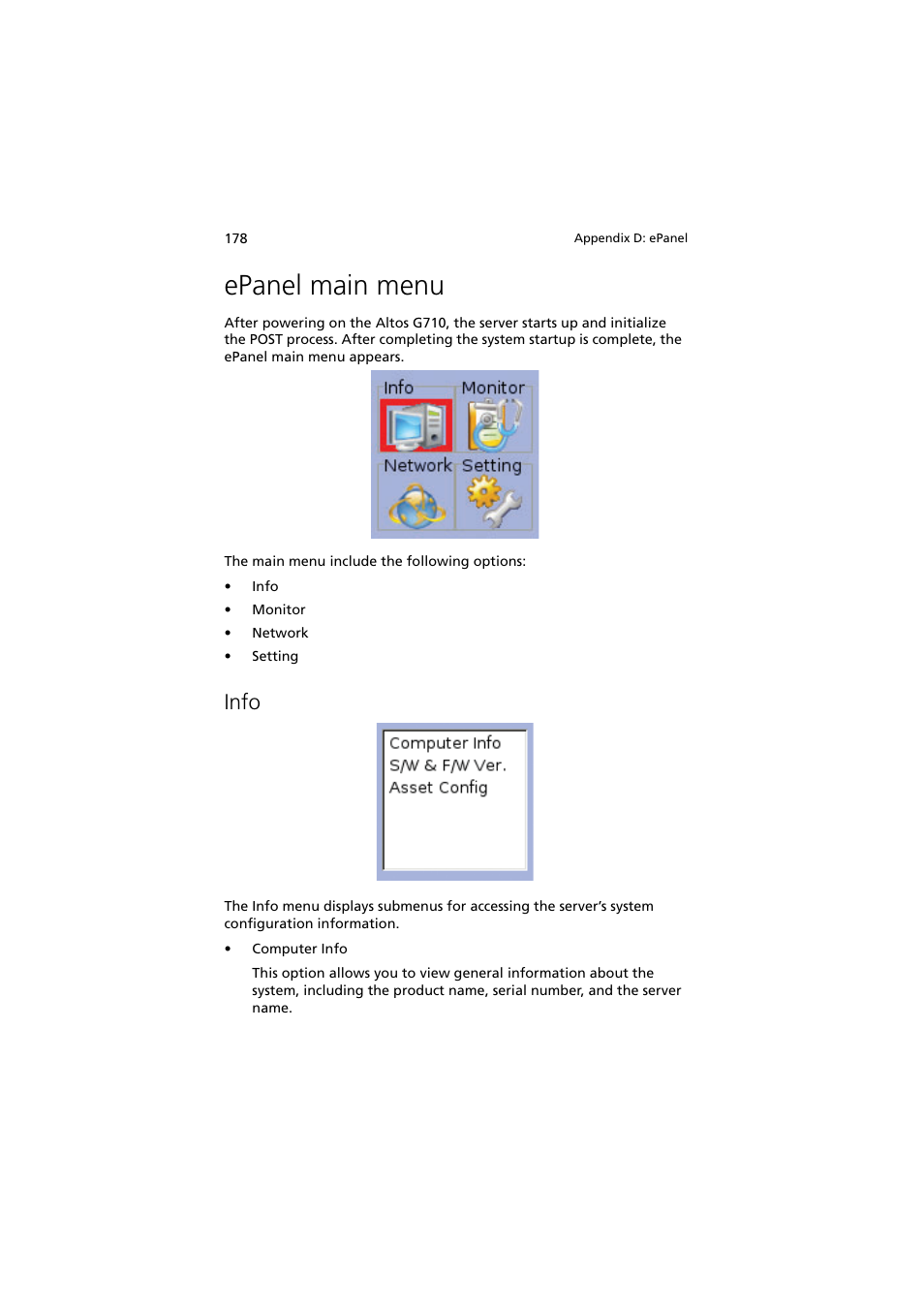 Epanel main menu, Info | Acer Altos G710 User Manual | Page 188 / 198