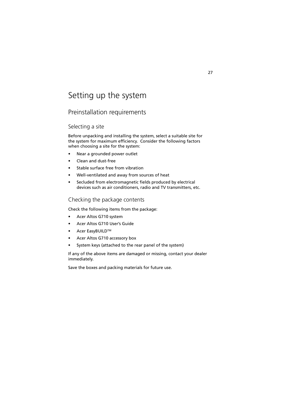 Setting up the system, Preinstallation requirements, Selecting a site | Checking the package contents | Acer Altos G710 User Manual | Page 37 / 198