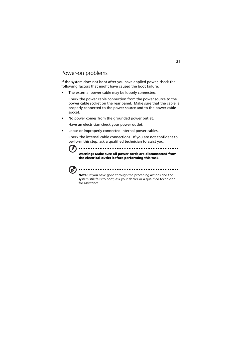Power-on problems | Acer Altos G710 User Manual | Page 41 / 198