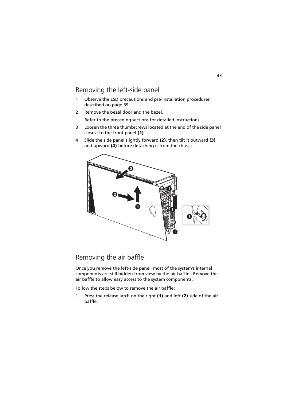 Removing the left-side panel, Removing the air baffle | Acer Altos G710 User Manual | Page 53 / 198