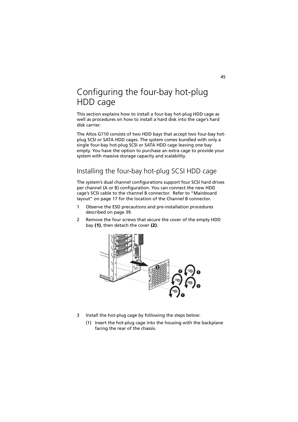 Configuring the four-bay hot-plug hdd cage, Installing the four-bay hot-plug scsi hdd cage | Acer Altos G710 User Manual | Page 55 / 198