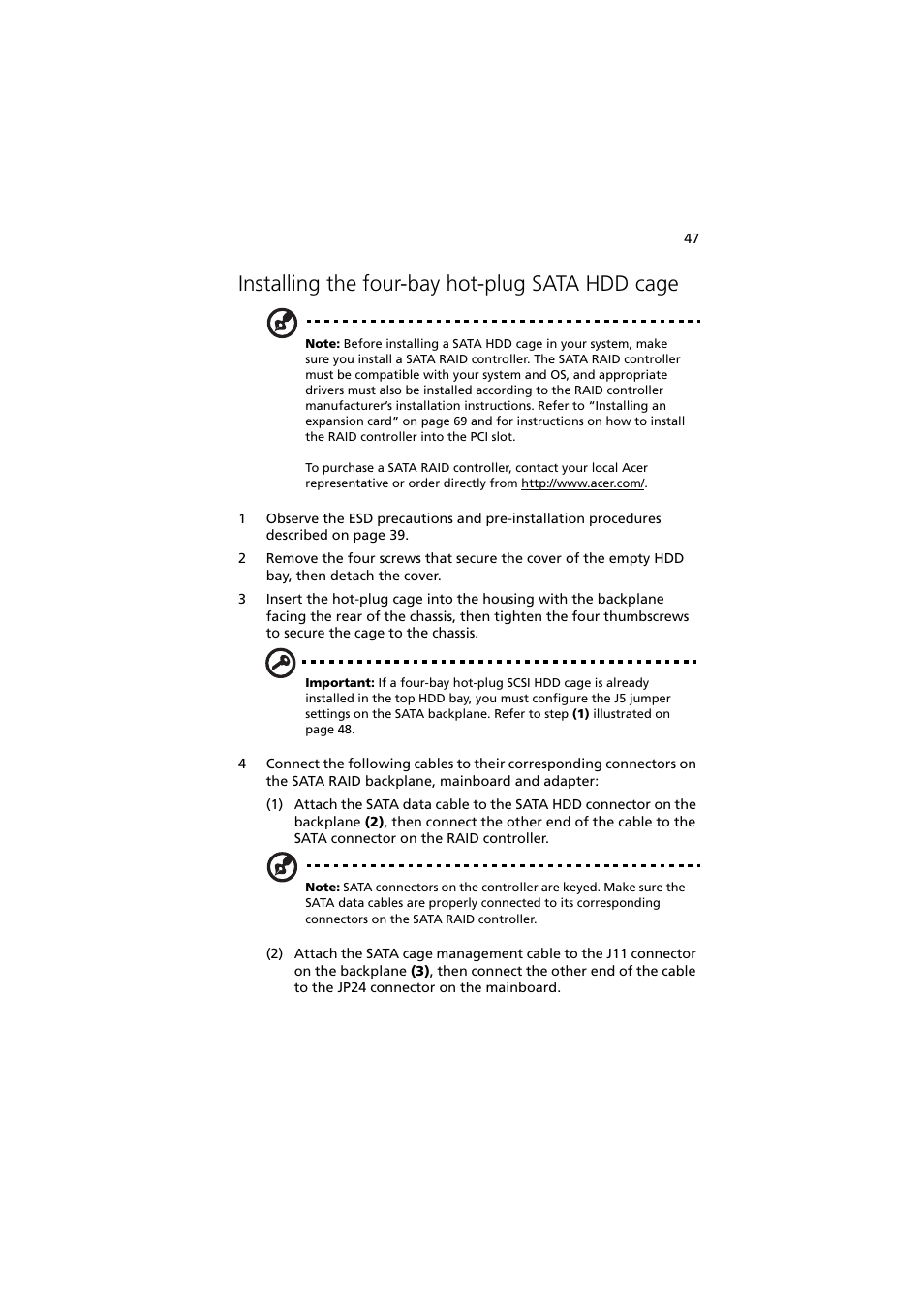 Installing the four-bay hot-plug sata hdd cage | Acer Altos G710 User Manual | Page 57 / 198