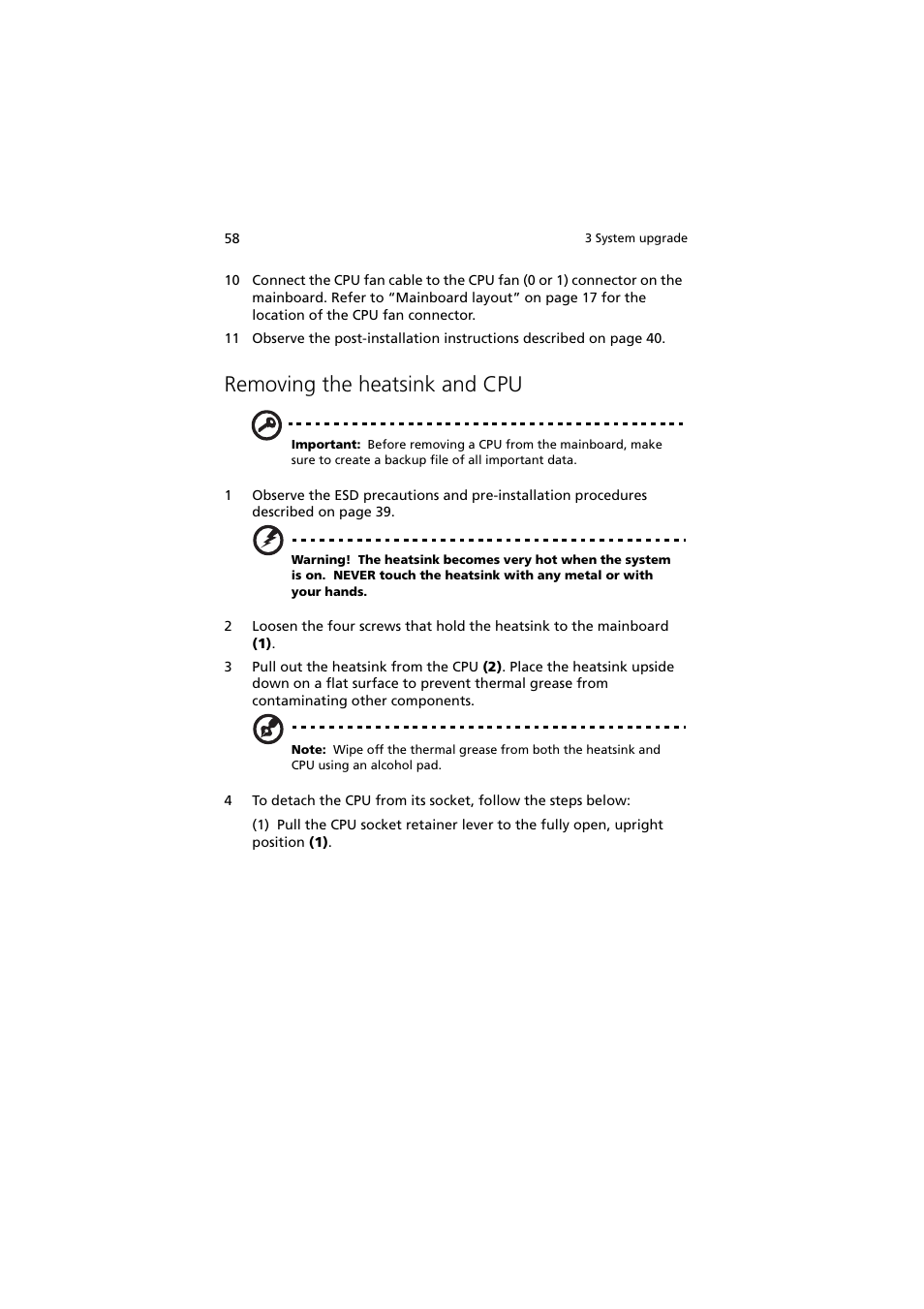 Removing the heatsink and cpu | Acer Altos G710 User Manual | Page 68 / 198