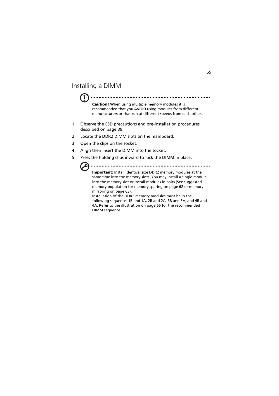 Installing a dimm | Acer Altos G710 User Manual | Page 75 / 198