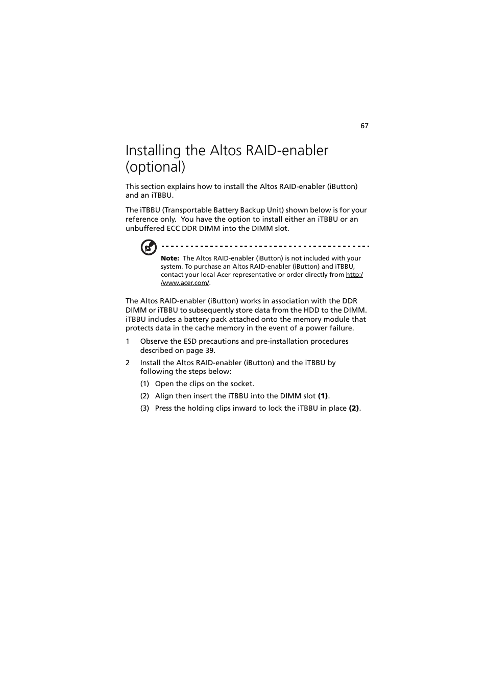 Installing the altos raid-enabler (optional) | Acer Altos G710 User Manual | Page 77 / 198