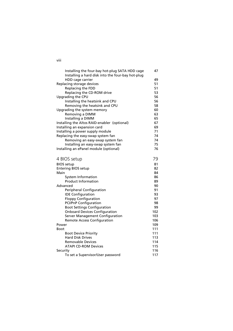 4 bios setup 79 | Acer Altos G710 User Manual | Page 8 / 198