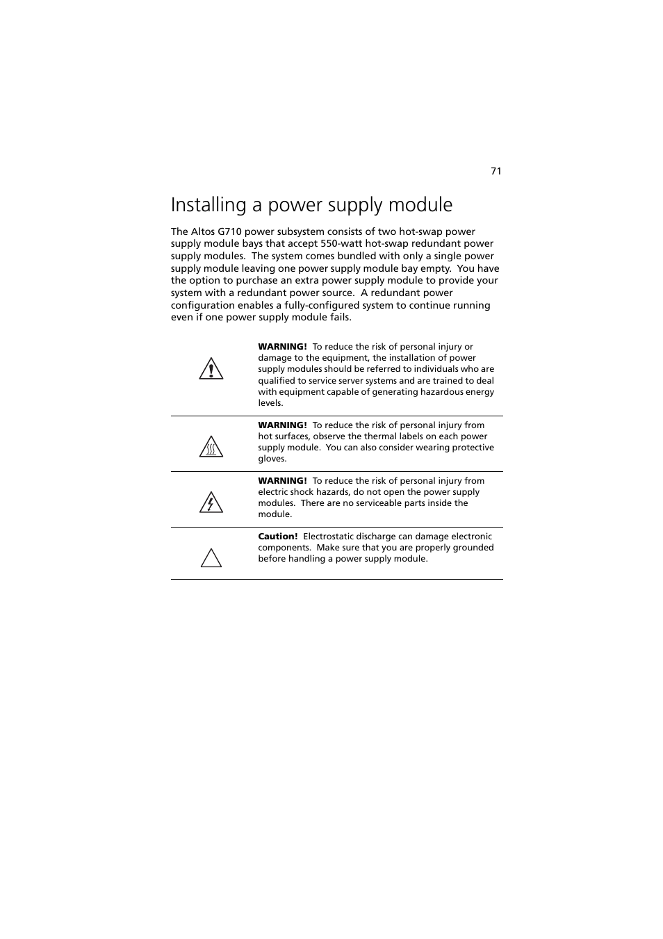 Installing a power supply module | Acer Altos G710 User Manual | Page 81 / 198